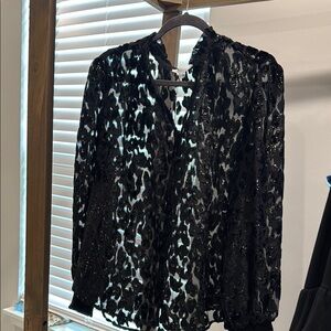 Black Sheer Long Sleeve Blouse with Mandarin Collar